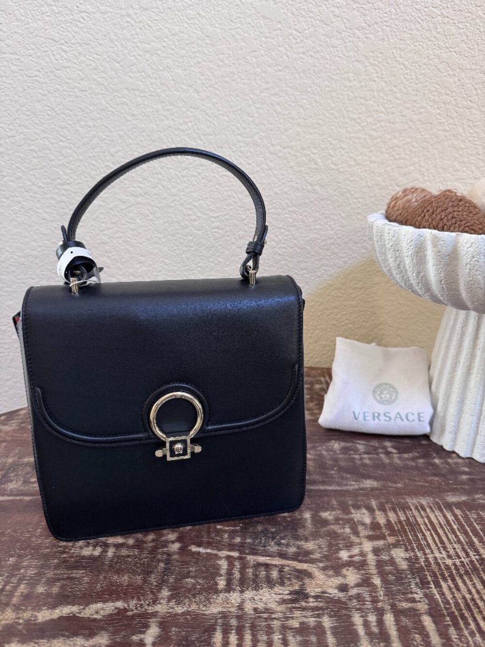 Versace Black Leather Top Handle Shoulder Bag Authentic + COA